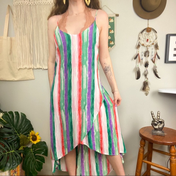 Lulu's Brushstroke of Luck Green Purple Red Pink Watercolor Midi Dress Medium - Picture 15 of 15
